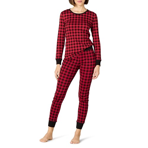 Amazon Essentials Damen Anschmiegsames Pyjama-Set Aus Baumwolle (In Übergröße Erhältlich), Kirschrot/Schwarz Klassisches Buffalo-Karo, L von Amazon Essentials