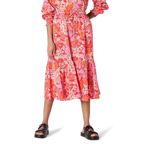 Amazon Essentials Damen Mid-Rise A-Linie Baumwollsatin Stufenförmiger Midi-Rock (Oberteil Separat Erhältlich), Kräftiges Mohnrot Mehrfarbig Folk-Blumenmuster, L von Amazon Essentials