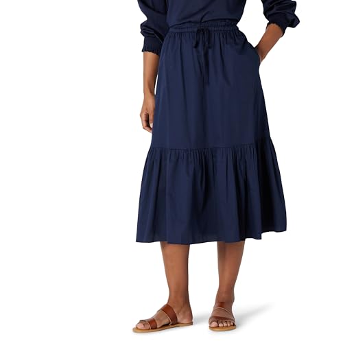 Amazon Essentials Damen Mid-Rise A-Linie Baumwollsatin Stufenförmiger Midi-Rock (Oberteil Separat Erhältlich), Marineblau, XXL von Amazon Essentials