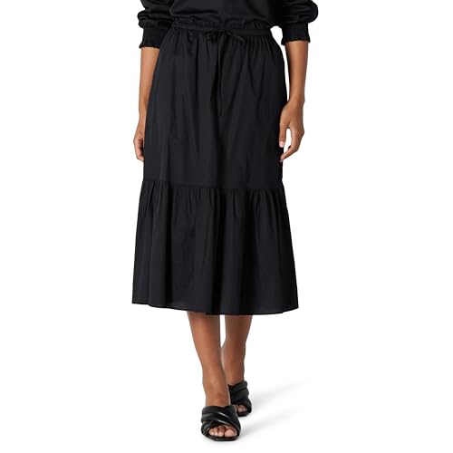 Amazon Essentials Damen Mid-Rise A-Linie Baumwollsatin Stufenförmiger Midi-Rock (Oberteil Separat Erhältlich), Schwarz, S von Amazon Essentials