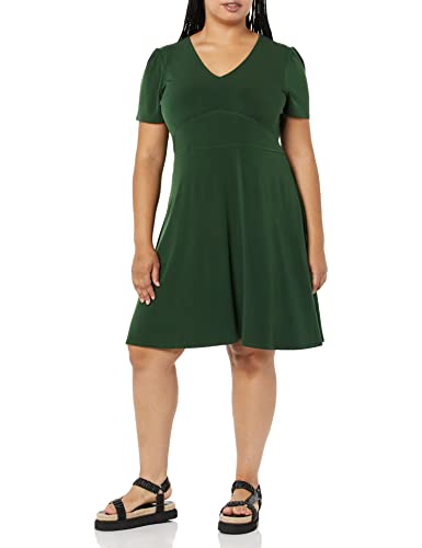 Amazon Essentials Damen Ausgestelltes Kurzarm-Kleid Mit V-Ausschnitt Und Geraffter Passform, Dunkelgrün, L von Amazon Essentials