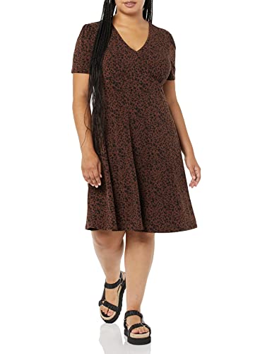 Amazon Essentials Damen Ausgestelltes Kurzarm-Kleid Mit V-Ausschnitt Und Geraffter Passform, Dunkles Toffee Braun Gepard, L von Amazon Essentials