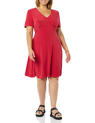 Amazon Essentials Damen Ausgestelltes Kurzarm-Kleid Mit V-Ausschnitt Und Geraffter Passform, Himbeerrot, S von Amazon Essentials