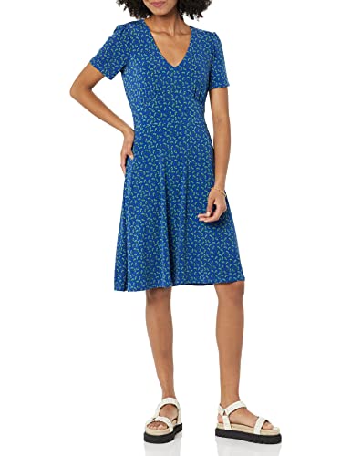 Amazon Essentials Damen Ausgestelltes Kurzarm-Kleid Mit V-Ausschnitt Und Geraffter Passform, Kräftiges Blau Floral, M von Amazon Essentials
