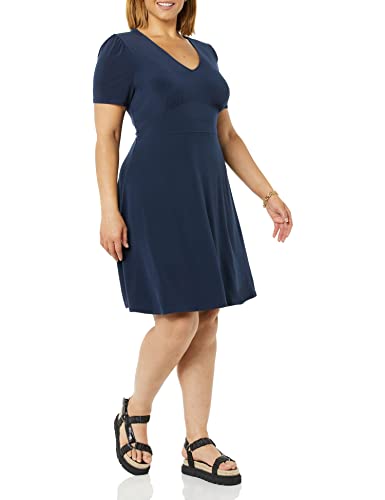 Amazon Essentials Damen Ausgestelltes Kurzarm-Kleid Mit V-Ausschnitt Und Geraffter Passform, Marineblau, L von Amazon Essentials