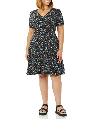 Amazon Essentials Damen Ausgestelltes Kurzarm-Kleid Mit V-Ausschnitt Und Geraffter Passform, Schwarz Streublumen, M von Amazon Essentials