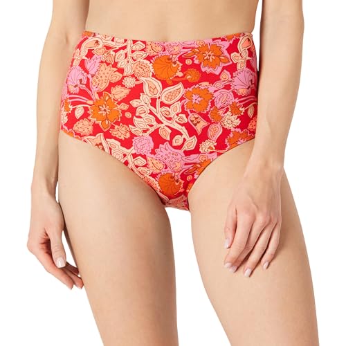 Amazon Essentials Damen Badehose mit hoher Taille (erhältlich in Übergröße), Hellrot Mehrfarbig Folk-Blumenmuster, 38 von Amazon Essentials