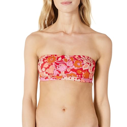 Amazon Essentials Damen Bandeau-Schwimmoberteil, Hellrot Mehrfarbig Folk-Blumenmuster, 36 von Amazon Essentials