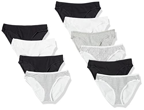 Amazon Essentials Damen Bikinihose aus Baumwolle (in Übergröße erhältlich), 10er-Pack, Schwarz/Grellweiß/Grau, 38 von Amazon Essentials