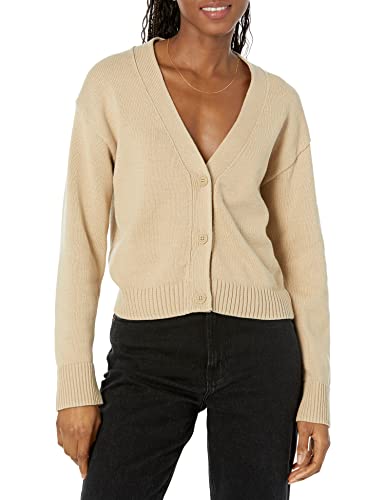 Amazon Essentials Damen Kurzer Cardigan mit V-Ausschnitt in lockerer Passform, Hellbraun, XS von Amazon Essentials