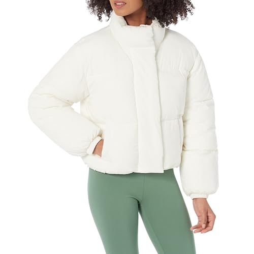 Amazon Essentials Damen Kurze Steppjacke Mit Durchgehendem Reißverschluss (Aus Mattem Oder Sherpa Fleece, Gesteppt), Eierschalenweiß, XL Große Größen von Amazon Essentials