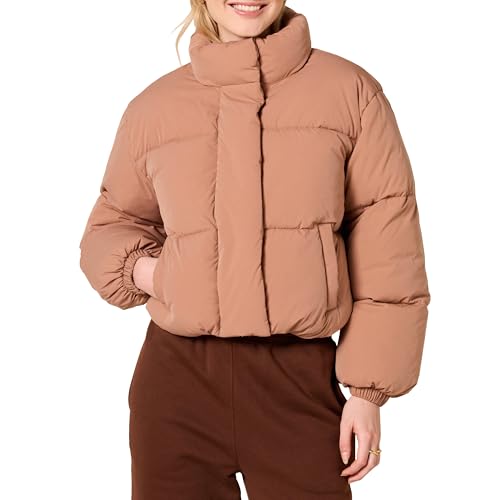 Amazon Essentials Damen Kurze Steppjacke Mit Durchgehendem Reißverschluss (Aus Mattem Oder Sherpa Fleece, Gesteppt), Hellbraun, 3XL Große Größen von Amazon Essentials