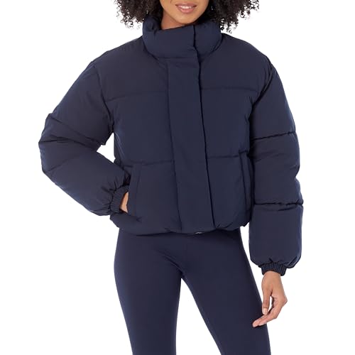 Amazon Essentials Damen Kurze Steppjacke Mit Durchgehendem Reißverschluss (Aus Mattem Oder Sherpa Fleece, Gesteppt), Marineblau, L von Amazon Essentials