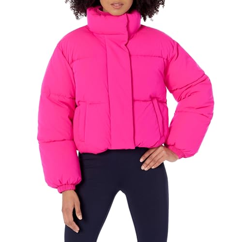 Amazon Essentials Damen Kurze Steppjacke Mit Durchgehendem Reißverschluss (Aus Mattem Oder Sherpa Fleece, Gesteppt), Neonrosa, L von Amazon Essentials