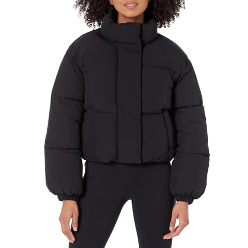 Amazon Essentials Damen Kurze Steppjacke Mit Durchgehendem Reißverschluss (Aus Mattem Oder Sherpa Fleece, Gesteppt), Schwarz, XXL von Amazon Essentials