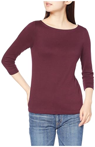 Amazon Essentials Damen T-Shirt mit Bateau-Ausschnitt und 3/4-Ärmeln in schmaler Passform, Burgunderrot, L von Amazon Essentials