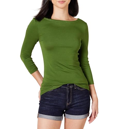 Amazon Essentials Damen T-Shirt mit Bateau-Ausschnitt und 3/4-Ärmeln in schmaler Passform, Grün, XXL von Amazon Essentials