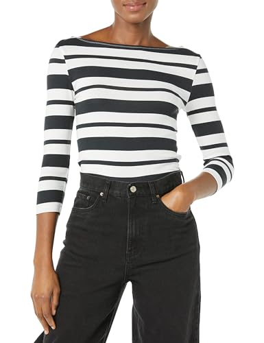 Amazon Essentials Damen T-Shirt mit Bateau-Ausschnitt und 3/4-Ärmeln in schmaler Passform, Schwarz Weiß Platzierter Streifen, XS von Amazon Essentials