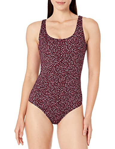 Amazon Essentials Damen Einteiliger, bedeckender Badeanzug (in Übergröße erhältlich), Ziegelrot Leopardenmuster, 44 von Amazon Essentials