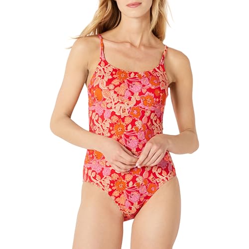 Amazon Essentials Damen Einteiliger Badeanzug mit Dünnen Trägern, Hellrot Mehrfarbig Folk-Blumenmuster, 38 von Amazon Essentials