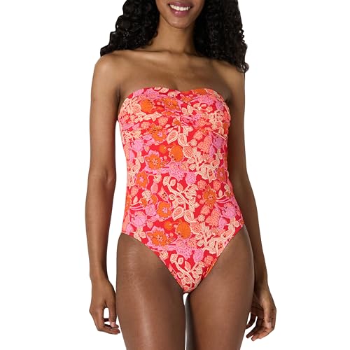 Amazon Essentials Damen Einteiliger Bandeau-Badeanzug, Hellrot Mehrfarbig Folk-Blumenmuster, 36 von Amazon Essentials