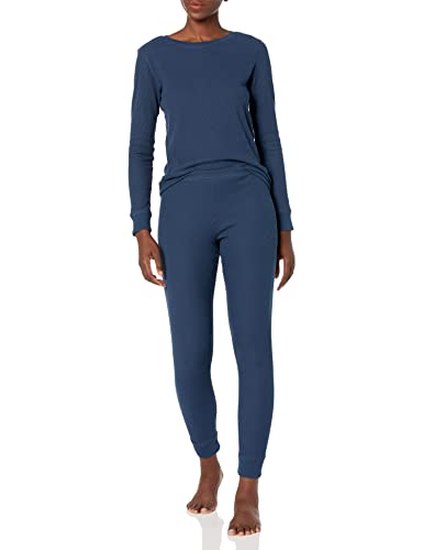 Amazon Essentials Damen Waffle-Snug-Fit-Pyjama-Set, 2-teilig Langarm, Marineblau, XL von Amazon Essentials