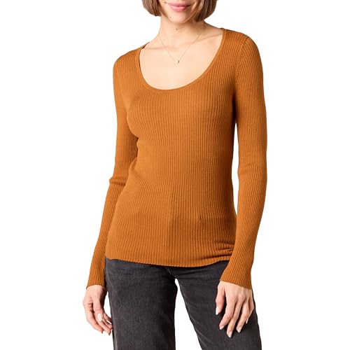 Amazon Essentials Damen Feiner Stretch-Pullover mit U-Ausschnitt und langen Ärmeln (in Übergröße erhältlich), Dunkles Karamell, XL von Amazon Essentials