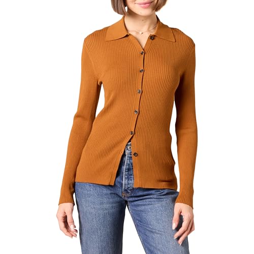Amazon Essentials Damen Feinmaschiger, Gerippter, feiner Stretch-Polo-Cardigan (Früher Daily Ritual), Dunkles Karamell, S von Amazon Essentials