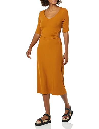 Amazon Essentials Damen Fein Geripptes Kleid mit seitlichem Ausschnitt (zuvor Daily Ritual), Dunkles Karamell, L von Amazon Essentials