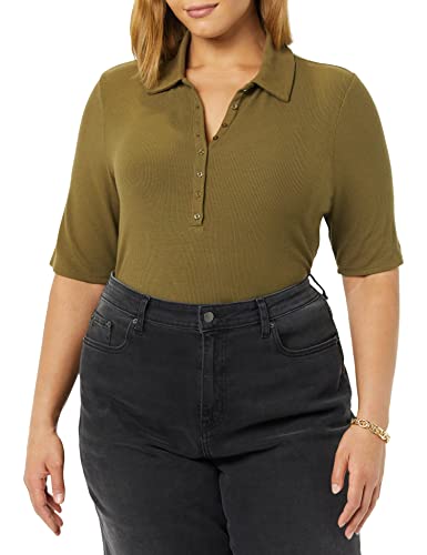 Amazon Essentials Damen Feinripp-Poloshirt (Zuvor Daily Ritual), Dunkelgrün, XS von Amazon Essentials