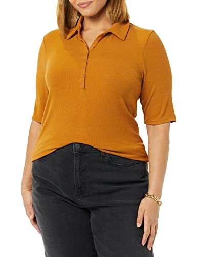 Amazon Essentials Damen Feinripp-Poloshirt (Zuvor Daily Ritual), Dunkles Karamell, S von Amazon Essentials