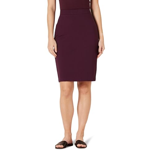 Amazon Essentials Damen Figurbetonter Bleistiftrock in Überknielänge aus Ponte zum Hineinschlüpfen, Burgunderrot, L von Amazon Essentials