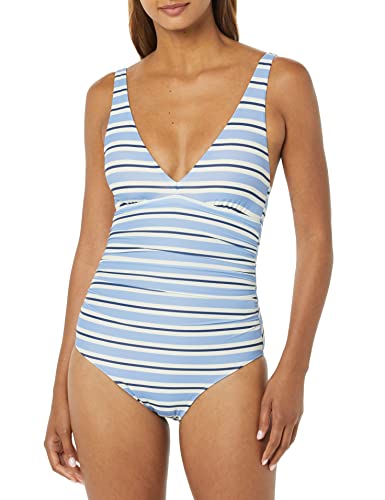 Amazon Essentials Damen Figurformender Badeanzug mit Tiefem Ausschnitt, Blau Querstreifen, 40 von Amazon Essentials