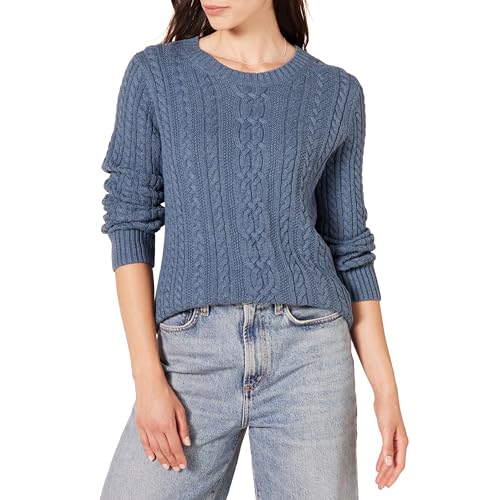 Amazon Essentials Damen Fisherman Cable Langarm-Pullover mit Rundhalsausschnitt (in Übergröße erhältlich), Blau Heide, L von Amazon Essentials
