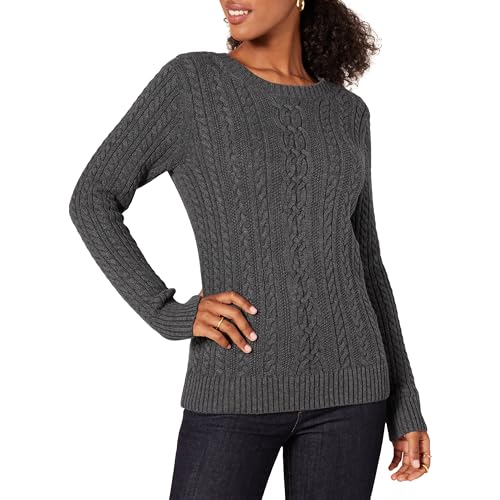 Amazon Essentials Damen Weicher Fisherman Cable Langarm-Pullover Mit Rundhalsausschnitt (In Übergröße Erhältlich), Dunkelgrau Meliert, M von Amazon Essentials