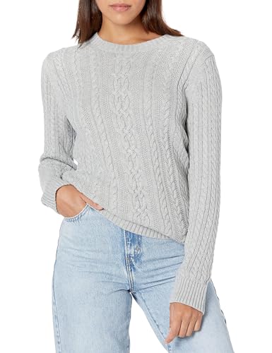 Amazon Essentials Damen Weicher Fisherman Cable Langarm-Pullover Mit Rundhalsausschnitt (In Übergröße Erhältlich), Hellgrau Meliert, L von Amazon Essentials