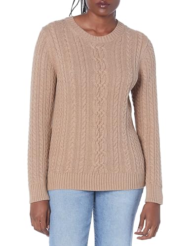 Amazon Essentials Damen Weicher Fisherman Cable Langarm-Pullover Mit Rundhalsausschnitt (In Übergröße Erhältlich), Kamelbraun Meliert, L von Amazon Essentials