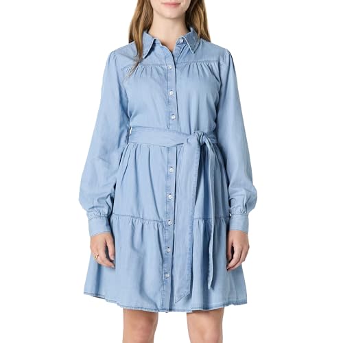 Amazon Essentials Damen Fit and Flare Langärmliges Gestreiftes Jeanshemdkleid Chambray, Helles Eisblau, S von Amazon Essentials