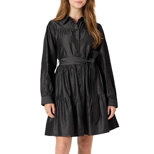 Amazon Essentials Damen Fit and Flare Langärmliges Gestreiftes Jeanshemdkleid Chambray, Schwarze Waschung, S von Amazon Essentials
