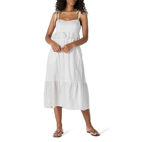 Amazon Essentials Damen Fit and Flare-Midi-Rüschenkleid aus Baumwollsatin mit Empire-Taille, Weiß, XXS von Amazon Essentials