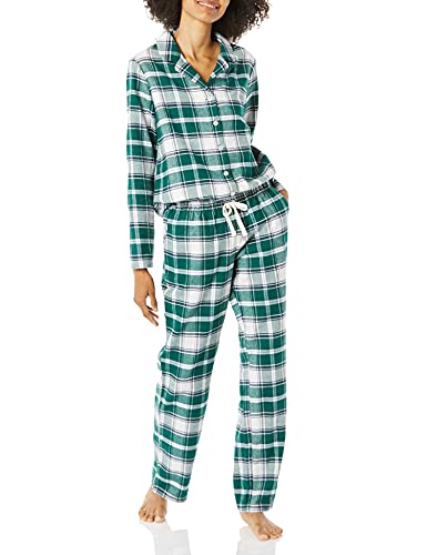 Amazon Essentials Damen Flanell-Schlafanzug mit Shirt mit Langen Ärmeln und Knopfleiste vorne und Hose, Dunkelgrün Weiß Karomuster, XXL von Amazon Essentials
