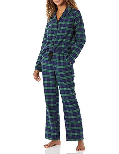 Amazon Essentials Damen Flanell-Schlafanzug mit Shirt mit Langen Ärmeln und Knopfleiste vorne und Hose, Grün Kobaltblau Blackwatch Plaid, XXL von Amazon Essentials