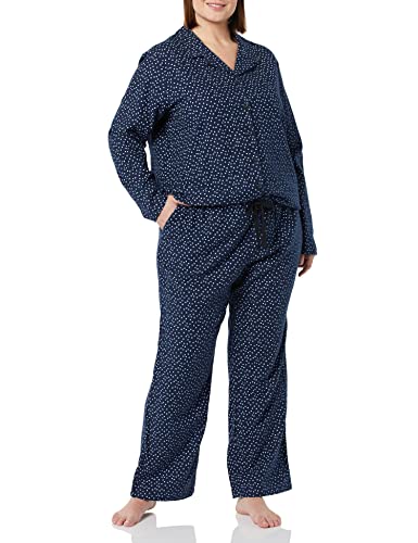 Amazon Essentials Damen Flanell-Schlafanzug mit Shirt mit Langen Ärmeln und Knopfleiste vorne und Hose, Marineblau Punktemuster, L von Amazon Essentials