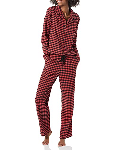 Amazon Essentials Damen Flanell-Schlafanzug mit Shirt mit Langen Ärmeln und Knopfleiste vorne und Hose, Rot Schwarz Buffalokaros Muster, S von Amazon Essentials