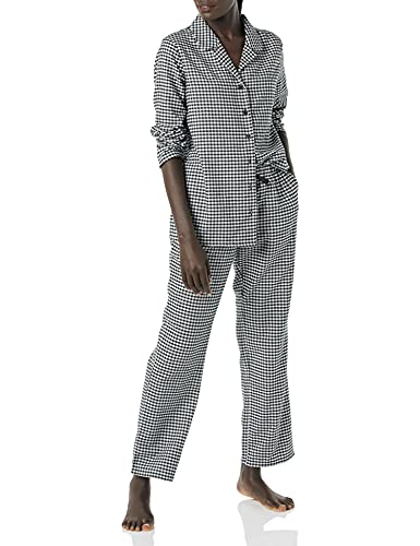 Amazon Essentials Damen Flanell-Schlafanzug mit Shirt mit Langen Ärmeln und Knopfleiste vorne und Hose, Schwarz Weiß Vichy-Muster, S von Amazon Essentials
