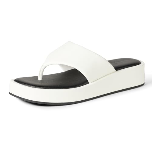 Amazon Essentials Damen Flatform-Zehensandalen, Weißes Kunstleder, 42 EU von Amazon Essentials