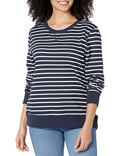 Amazon Essentials Damen Sweatshirt aus French-Terry-Fleece mit Rundhalsausschnitt (Erhältlich in Übergröße), Marineblau Weiß Streifen, XS von Amazon Essentials