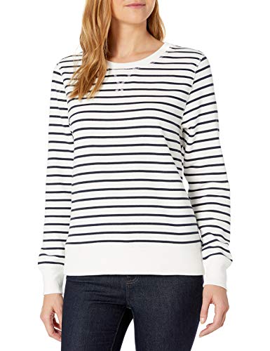 Amazon Essentials Damen Sweatshirt aus French-Terry-Fleece mit Rundhalsausschnitt (Erhältlich in Übergröße), Marineblau Weiß Querstreifen, M von Amazon Essentials