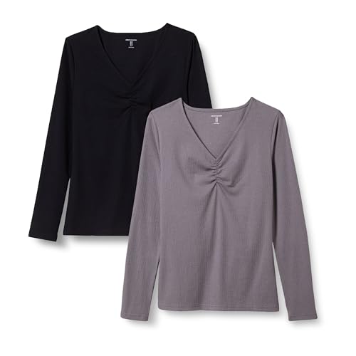 Amazon Essentials Damen Gerafftes, langärmliges Rippstrick-T-Shirt mit V-Ausschnitt und schmaler Passform, 2er-Pack, Grau/Schwarz, XXL von Amazon Essentials