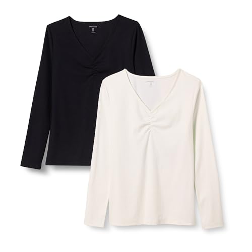 Amazon Essentials Damen Gerafftes, langärmliges Rippstrick-T-Shirt mit V-Ausschnitt und schmaler Passform, 2er-Pack, Schwarz/Eierschalenweiß, L von Amazon Essentials
